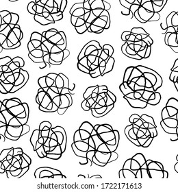 Seamless vector hand-drawn pattern, black balls, circles, doodle on a white background. Abstract monochrome background for packaging, flyers, cards and branding.