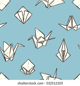Seamless vector hand-drawn pattern with paper crane and origami scheme