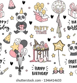 Seamless vector happy birthday  pattern with cake, foil balloon, panda and smile face balloon and lettering 