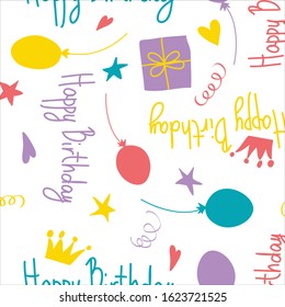 Seamless vector Happy Birthday pattern with balloon, crown, gift box, confetti. Colorful motif with isolated elements and white background. Decorative texture for textile, fabric, wrapping paper