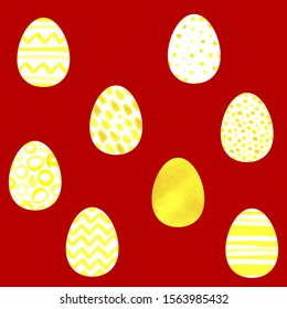 Seamless vector Happy Easter pattern. Easter eggs painted with yellow watercolor ornaments on a red background. Festive spring Polka dot, stripes, zag zag illustration. Cute Easter hand drawn Symbols