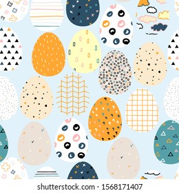 Seamless vector Happy Easter pattern. Easter eggs painted with colored Scandinavian ornaments on a blue background. Festive spring Polka dot, stripes, crosses illustration. Cute Easter Symbols