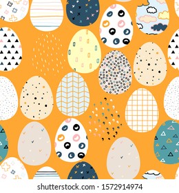 Seamless vector Happy Easter pattern. Easter eggs painted with colored Scandinavian ornaments on a Orange background. Festive spring Polka dot, stripes, crosses illustration. Cute Easter Symbols