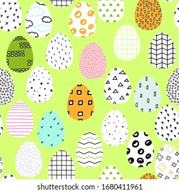 Seamless vector Happy Easter pattern. Easter eggs painted with colored Scandinavian ornaments on green pastel background. Festive spring Polka dot, stripes, crosses illustration. Cute Easter Symbols