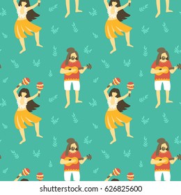 Seamless vector hawaii pattern. Summer background with dancing girls and men playing ukulele . Bright ethnic design.