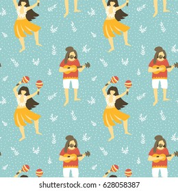 Seamless vector hawaii pattern. Summer background with dancing girls and men playing ukulele . Bright ethnic design.