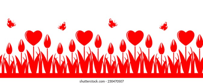 seamless vector heart flowers border on white background