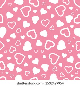 Seamless vector heart on a pink background. Valentine's day background. Endless flat design with randomly arranged hearts.