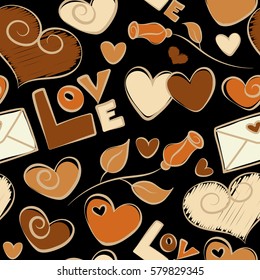 Seamless vector heart pattern, valentines. Hearts, letter and flower in orange and beige colors on a black background. Colorful elements for card, packaging, paper, typography, business cards, tissues