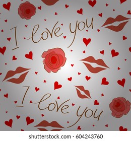 Seamless vector heart pattern, valentines. Hearts, and flower in orange, brown and red colors on a white background. Colorful art for cards, packaging, paper, typography, business card, tissues.