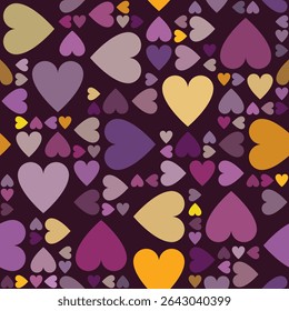 Seamless vector heart pattern with warm lavender, purple, yellow and mauve tones