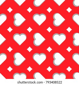 Seamless vector heart pattern. White hearts with red background. Valentines day design. Pattern can be used as wrapping paper, background, fabric print, web page backdrop, wallpaper and more