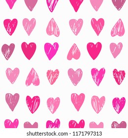 Seamless vector hearts pattern. Magenta hearts isolated on white. Doodle valentine background.