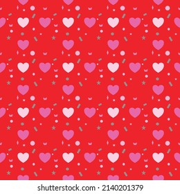 Seamless vector hearts, stars, circles, squares, various sizes, using pink on a red background. Suitable for destroying fabrics, textiles, mugs, gifts paper, wallpaper, book cover, website, toys.