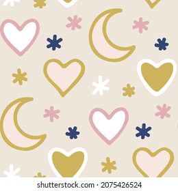 Seamless vector hearts stars moon pattern. Cute fantasy background. Stylish pattern for design, fabric, textile etc.