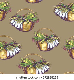 Seamless vector herbal background with basket with herbs and flowers. Hand drawn vector illustration on brown.