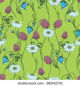 Seamless vector herbal background with clover, chamomile and bell flower. Hand drawn vector illustration on green.