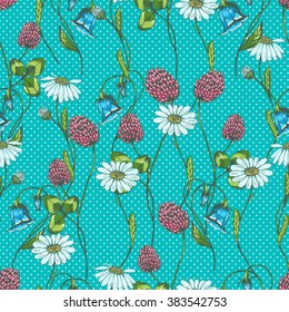 Seamless vector herbal background with clover, chamomile and bell flower. Hand drawn vector illustration on blue.