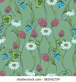 Seamless vector herbal background with clover, chamomile and bell flower. Hand drawn vector illustration on green.
