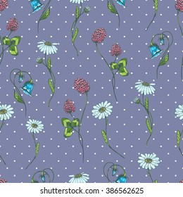 Seamless vector herbal background with clover, chamomile and bell flower. Hand drawn vector illustration on lilac background with points.