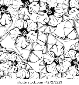 Seamless vector herbal background with flowers and leaves of Nasturtium. Black and white. Hand drawn floral illustration for print, wrapping, fabric and other seamless design.