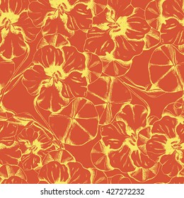 Seamless vector herbal background with flowers and leaves of Nasturtium.Yellow on red. Hand drawn floral illustration for print, wrapping, fabric and other seamless design.