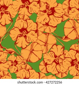 Seamless vector herbal background with flowers and leaves of Nasturtium. Orange on green. Hand drawn floral illustration for print, wrapping, fabric and other seamless design.