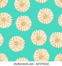 Seamless vector herbal background with flowers of Calendula.White on green. Looks like Daisy or chamomile. Hand drawn floral illustration for print, wrapping, fabric and other seamless design.