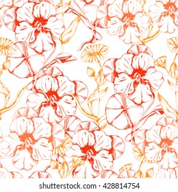 Seamless vector herbal background with flowers and leaves of Nasturtium and Calendula on white. Hand drawn floral illustration for print, wrapping, fabric and other seamless design.