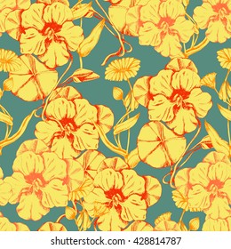 Seamless vector herbal background with flowers and leaves of Nasturtium and Calendula. Orange on green. Hand drawn floral illustration for print, wrapping, fabric and other seamless design.
