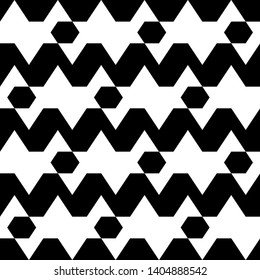 Seamless vector. Hexagons, zigzag lines background. Folk ornament. Polygons, jagged stripes pattern. Ethnic motif. Geometric wallpaper. Digital paper, textile print, abstract backdrop.