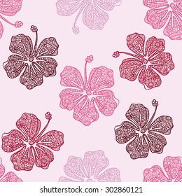 Seamless vector hibiscus flower pattern with hand drawn doodle hibiscus illustrations