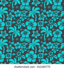 Seamless vector hibiscus and palm tree pattern illustration. Tropical and surf design. Good for textile fabric design, wrapping paper and website wallpapers. Vector illustration. Tropical foliage.