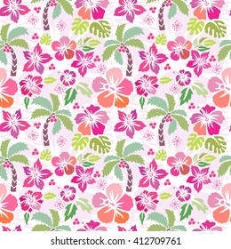 Seamless vector hibiscus and palm tree pattern illustration. Tropical and surf design. Good for textile fabric design, wrapping paper and website wallpapers. Vector illustration.