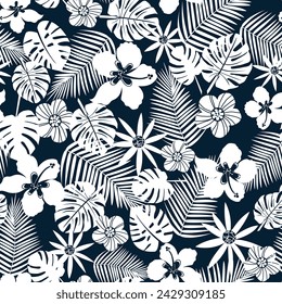 Patrón de hibisco vector sin costuras. Estampado repetitivo con flores tropicales blancas y hojas sobre fondo azul marino. Diseño sencillo. Ropa textil estampado.
