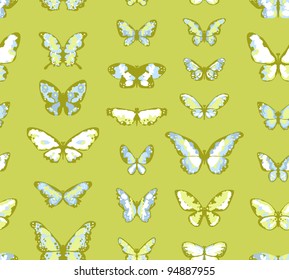 Seamless vector highly detailed background with butterflies in green and blue colors