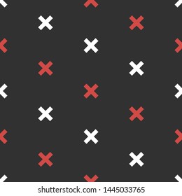 Seamless vector hipster x symbol  pattern. Repeat white and red cross elements on black background. Memphis X wallpaper for design, fabric, textile, cover, wrapping, advertising banner.