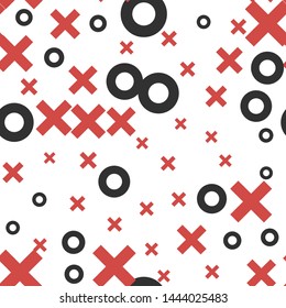 Seamless vector hipster xo pattern. Chaotic black and red cross and zero elements on white background. Memphis XOXO wallpaper for design, fabric, textile, cover, wrapping, advertising banner.