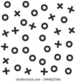 Seamless vector hipster xo pattern. Chaotic black cross and zero elements on white background. Memphis XOXO wallpaper for design, fabric, textile, cover, wrapping, advertising banner.