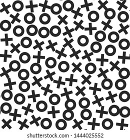 Seamless vector hipster xo pattern. Chaotic black cross and zero elements on white background. Memphis XOXO wallpaper for design, fabric, textile, cover, wrapping, advertising banner.