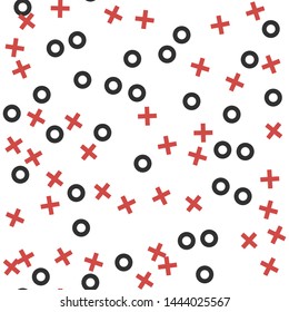 Seamless vector hipster xo pattern. Chaotic black and red cross and zero elements on white background. Memphis XOXO wallpaper for design, fabric, textile, cover, wrapping, advertising banner.