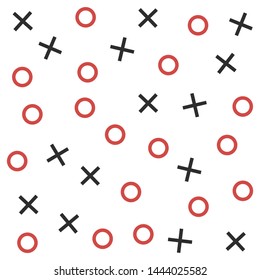 Seamless vector hipster xo pattern. Chaotic black and red cross and zero elements on white background. Memphis XOXO wallpaper for design, fabric, textile, cover, wrapping, advertising banner.