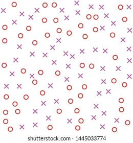 Seamless vector hipster xo pattern. Chaotic pink and red cross and zero elements on white background. Memphis XOXO wallpaper for design, fabric, textile, cover, wrapping, advertising banner.