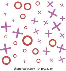 Seamless vector hipster xo pattern. Chaotic pink and red cross and zero elements on white background. Memphis XOXO wallpaper for design, fabric, textile, cover, wrapping, advertising banner.