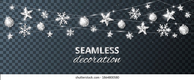 Seamless vector holiday decoration. Winter season silver ornaments isolated on transparent background. Strings with sparkling glitter stars, snowflakes and balls. For Christmas banners, party posters.