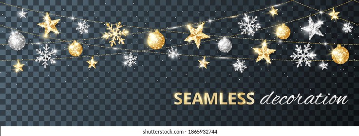 Seamless Vector Holiday Decoration. Winter Season Silver And Gold Ornaments Isolated On Transparent. Strings With Sparkling Glitter Stars, Snowflakes And Balls. For Christmas Banners, Party Posters.