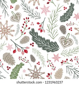 Seamless Vector Holiday Folk Floral with Straw Ornaments, Gingerbread, Pine Cones, & Berries in Red, Pink, & Green. Great for holidays, home decor, textiles, fabric, paper crafting, & wrapping paper.