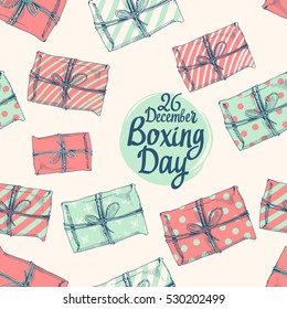 Seamless vector holiday pattern. Beautiful gift box with ribbon. Sketch style. Christmas illustration of present on white background. Handwritten inscription. Lettering design.
