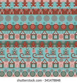 Seamless vector  holiday pattern with Christmas symbols. Repeating stripes - green and red background.