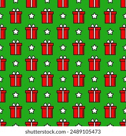 Seamless vector holiday pattern. Stars and gift boxes on a green background.